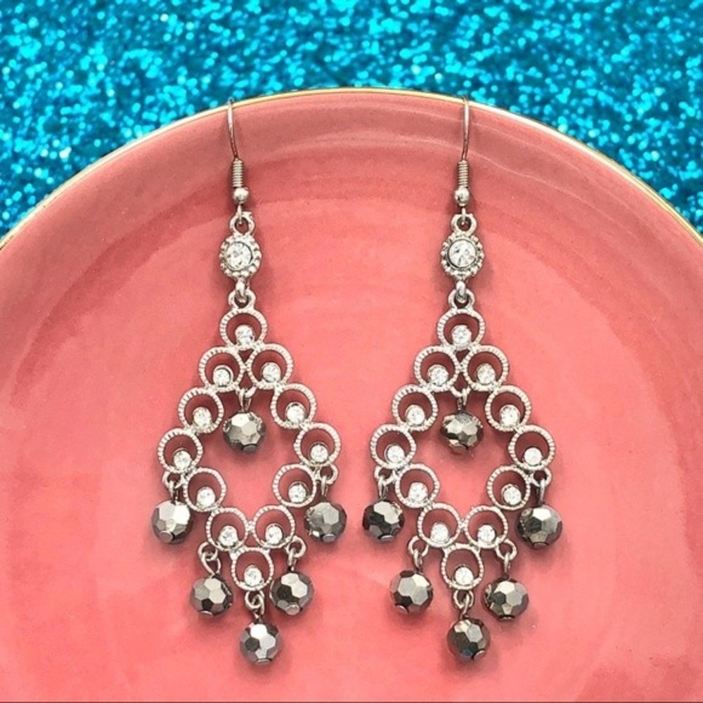 🌼 Rhinestone Chandelier Bead Silver Dangle Earrings